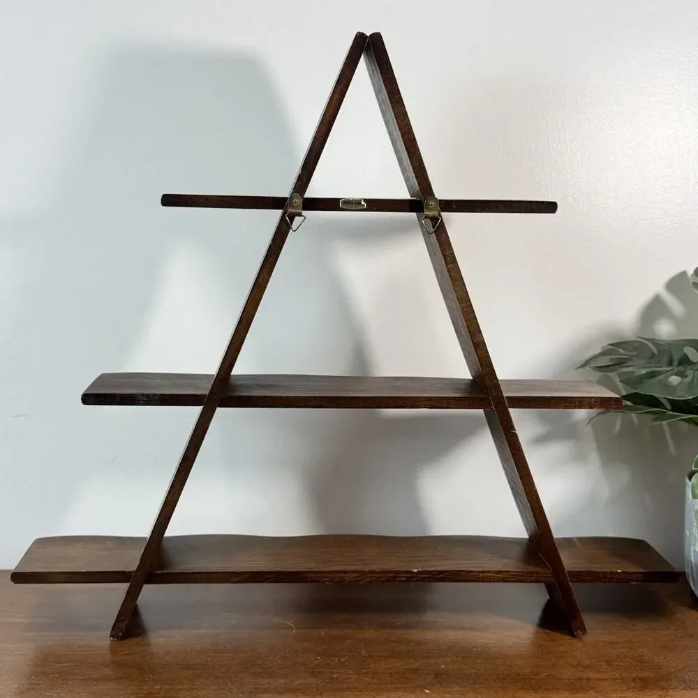 Vintage A-Frame Wooden Tiered Display Shelf Stand Dark Wood Taiwan Decor